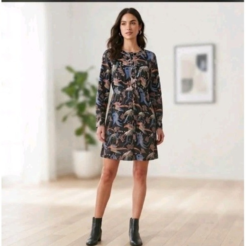 LOFT Black Chinoiserie Bird Print Long Sleeve Lined Midi Dress Size 14